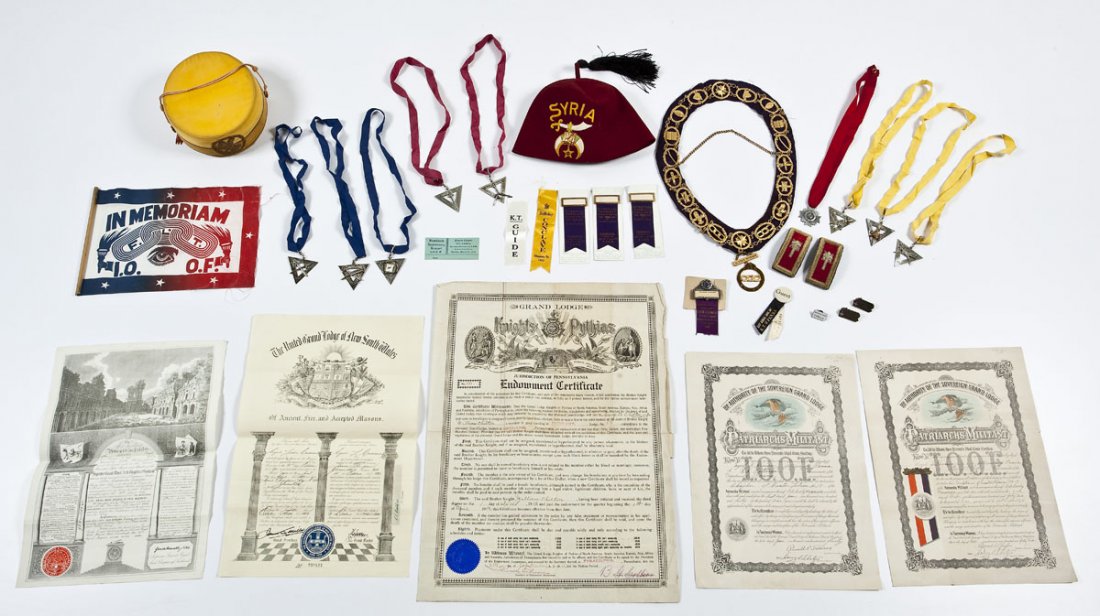 Large Group of Masonic Collectibles: DESCRIPTION: A large group of Masonic collectibles. Includes: 1) Odd Fellows graveyard flag. Printed fabric with wood dowel (bottom portion missing). 12" x 8". Illustrated in "Fraternally Yours" by Pe