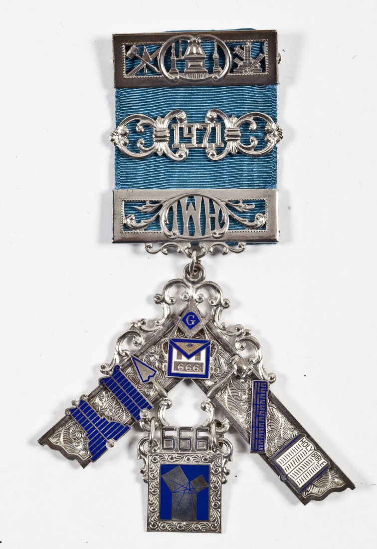 1971 Hershey PA Masonic Past Master Jewel: DESCRIPTION: Pennsylvania Masonic Past Master's jewel. Sterling silver square with blue enameled tools with central apron with lodge number "666". Hung from blue ribbon with three silver bars: top pat
