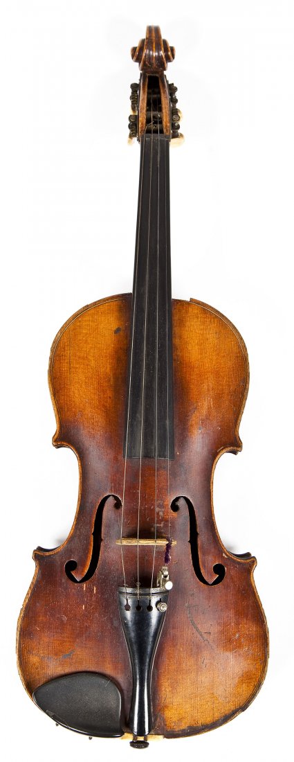 French Mechanical Peg Violin: DESCRIPTION: French volin with mechanical peg marked "France." Bridge marked "Aubert, Made in U.S.A." With a two part back and ivory details. With a bow and in a hard case. MEASUREMENTS: 23-1/2" long.