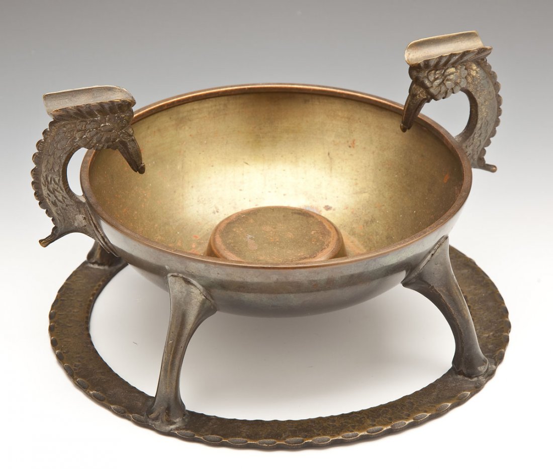 Oscar B. Bach Bronze Art Deco Ash Tray: DESCRIPTION: Oscar B. Bach, New York bronze Art Deco footed ash tray with bird cigarette rests. Circa 1922. Signed, on bottom of bowl and numbered "141," on the circular base. MEASUREMENTS: 5-1/4" x 9