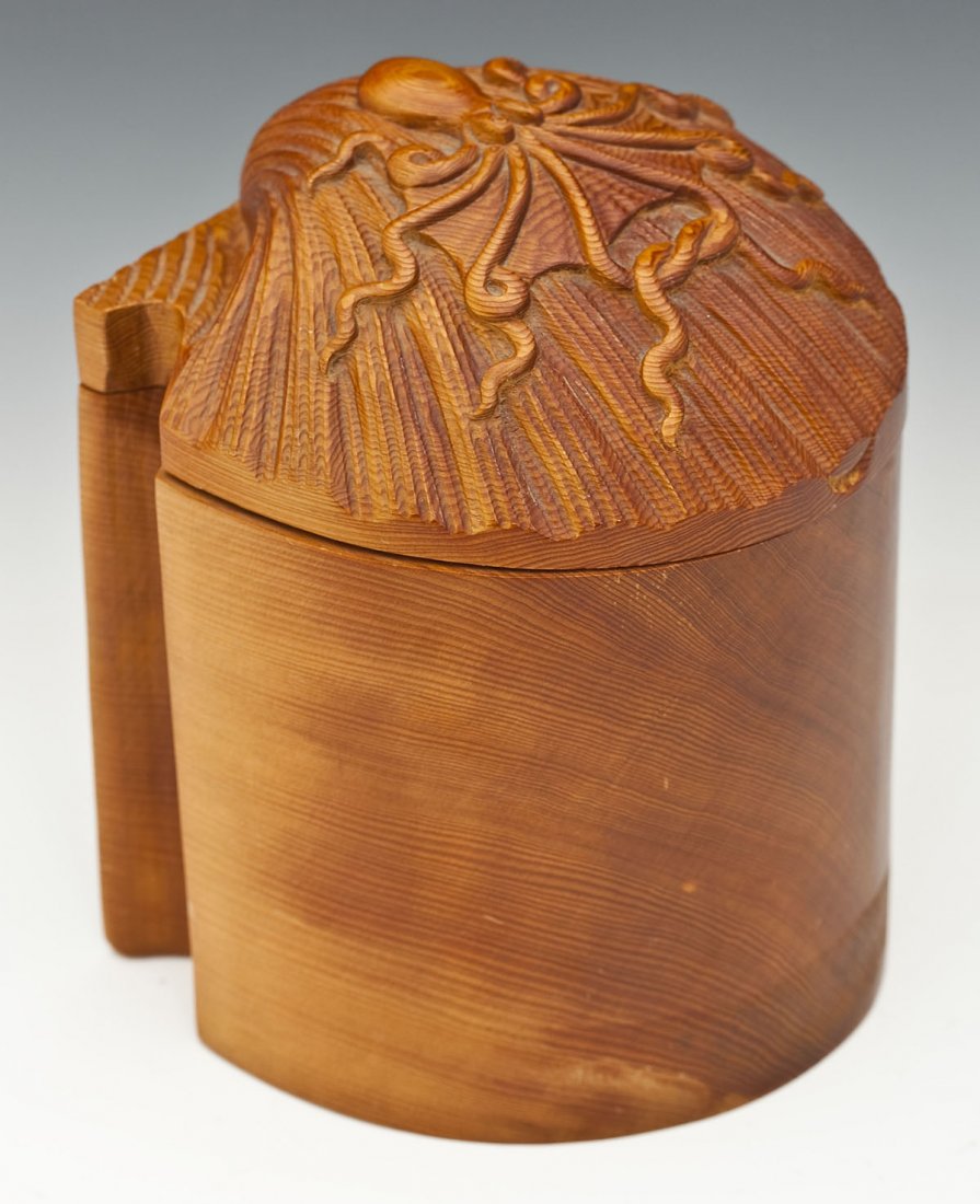 Dragonfly Jumeau Scallop Shell Box Signed Reissa: DESCRIPTION: Dragonfly Jumeau carved scallop shell and octopus cedar box. 1979. Signed and dated "Reissa 79," near hinge on interior. Also with a sticker marked "Dragonfly Jumeau San Francisco," on in