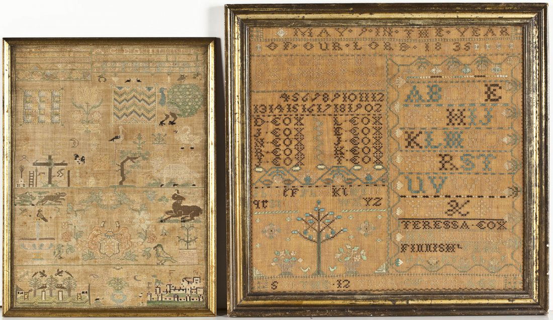 2 18th & 19th C Needlepoint Samplers: DESCRIPTION: A group of two needlepoint samplers. Includes: 1) 16-1/2" x 12-1/2" sampler, unsigned but dated 1700. Dated along with alphabet and numbers in a block upper right. The rest with detailed
