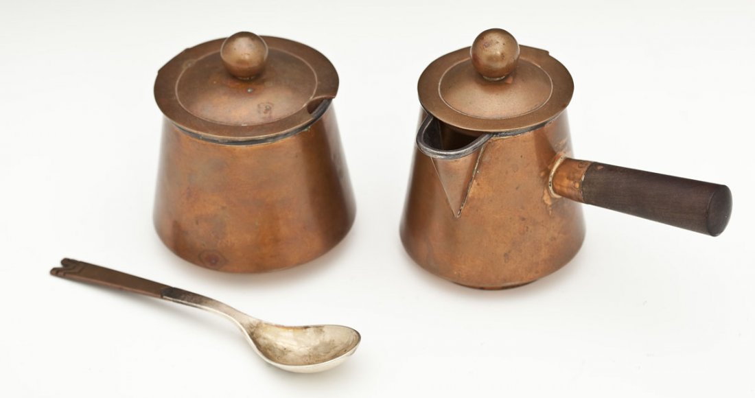 Victoria Taxco Cony Copper Creamer, Sugar, & Spoon: DESCRIPTION: Mexican Victoria Taxco Cony copper and silverplate creamer and sugar with spoon. Each marked "Victoria Mexico Taxco Cony" for Ana Maria Nunez de Brilanti, Taxco, Mexico, circa 1940's to 1