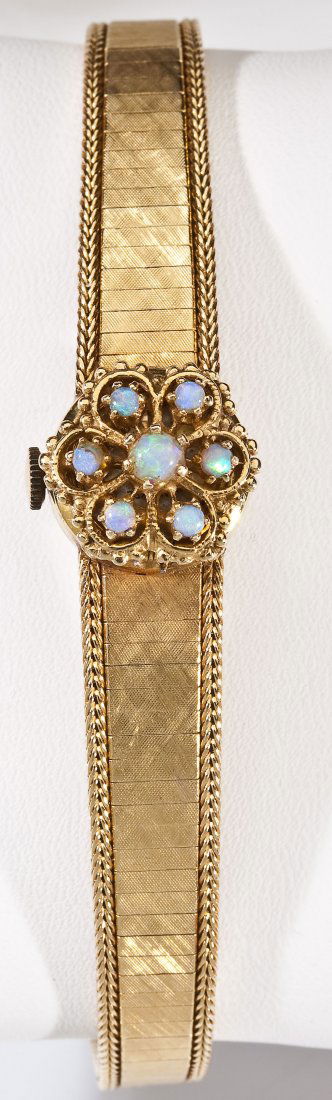 Jean Sybe 14K & Opal Bracelet Watch: DESCRIPTION: Jean Sybe opal bracelet watch. Silvered dial with gilt numeral markings and hands, marked "Jean Sybe". Movement marked "Desta Watch Co. Seventeen 17 Jewels Unadjusted Swiss". Marked 14K y