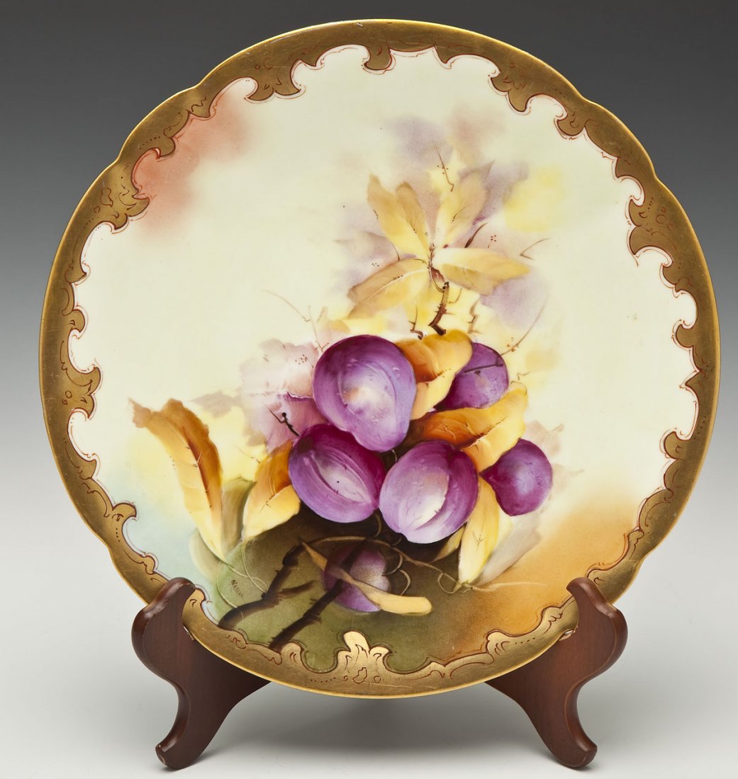 Handpainted Pickard Charger: DESCRIPTION: Handpainted charger of "plums" signed "Keller". Verso stamped "Handpainted Pickard" with paper label "E.L. Rinkenbach Jeweler". MEASUREMENTS: 12-1/2". CONDITION: No defects noted.