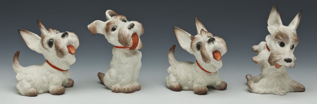 4 Rosenthal Scottish Terrier Dogs #807 #809 #827: DESCRIPTION: Four Rosenthal bisque porcelain hand painted grotesque Scottish terrier figurine designed by Max Daniel Hermann Fritz. Each marked with the Rosenthal hallmark and their model number (807,