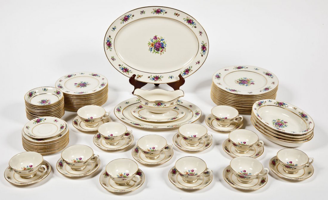 Lenox 33 Pc Porcelain Lenox Rose Dinner Service: DESCRIPTION: Lenox thirty-three piece porcelain dinner service in the Lenox Rose (J-300) pattern. Circa 1934-1979. Includes: Twelve 10-1/2" dinner plates, ten 6-1/4" bread plates, five 1" x 5-1/2" sma