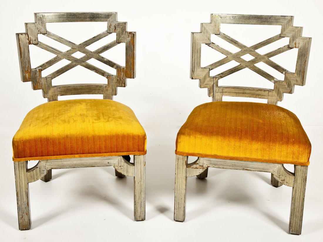 Pair of James Mont Slipper Chairs: DESCRIPTION: A pair of silvered wood framed slipper chairs in the Chinese taste by James Mont. Geometric form reticulated backs. Seats upholstered in gold velvet. One retains “James Mont Design” l