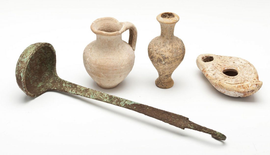 4 Roman Antiquities Pottery & Bronze: DESCRIPTION: Four ancient Roman items. Includes: 1) Pottery spindle jar. 3-3/4". 2) Pottery amphora. 3-1/4". 3) Pottery lamp with incised decoration. 4-1/4" x 2-1/2. 4) Bronze ladle. 10-1/4". Circa 10