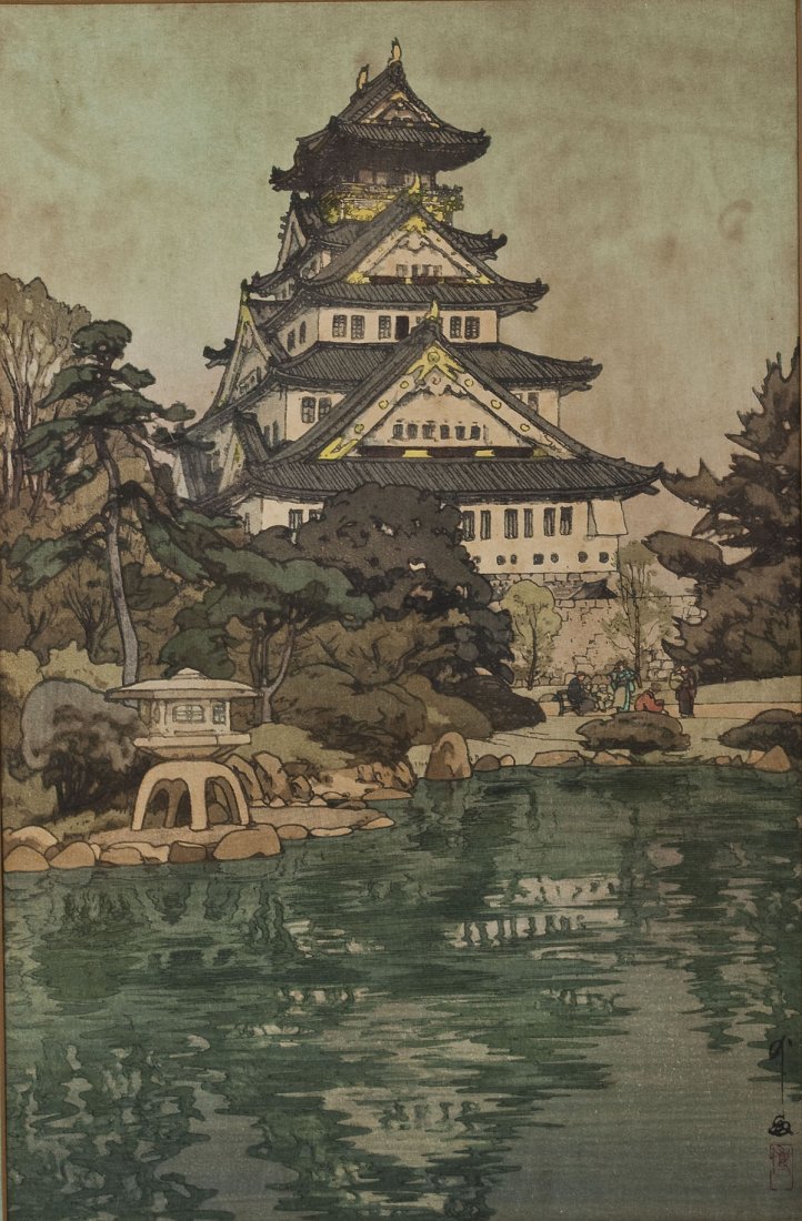 Hiroshi Yoshida (Japanese, 1876-1950): DESCRIPTION: Hiroshi Yoshida (Japanese, 1876-1950). Woodblock print. Osaka Castle. 1935. Signed with stamp, lower right. In a blue mat with a bamboo style frame and glazed. MEASUREMENTS: 14-1/2" x 9-1