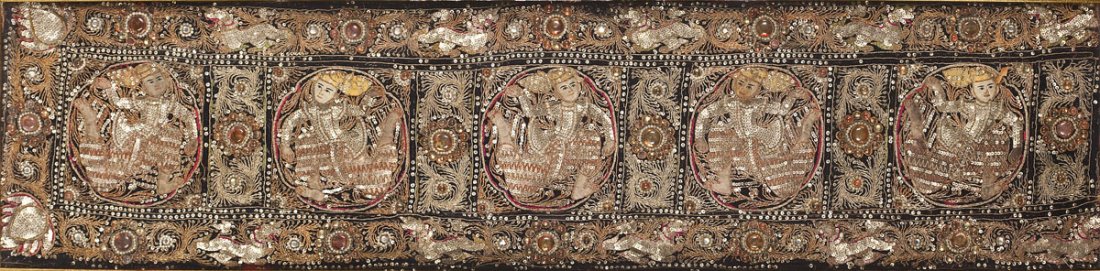 Antique Handmade Burmese Kalaga Tapestry: DESCRIPTION: Handmade Kalaga tapestry in relief with applique, glass beads, sequins, and gold and silver threads known as Shwe Chi Doe. Depicting five vignettes of dancers surrounded by a border of fl