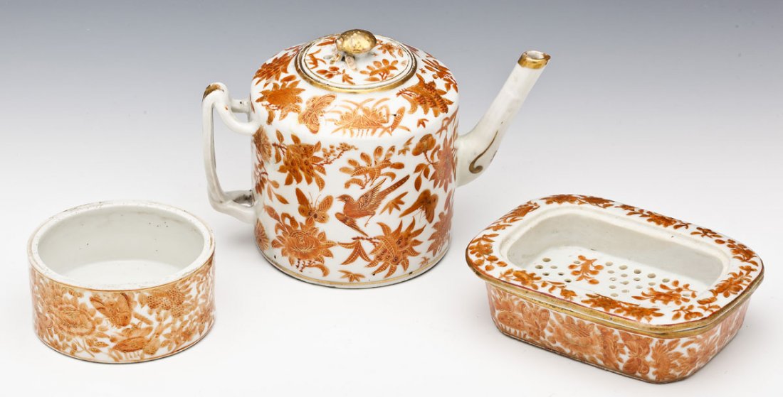 3 Chinese Export Orange & White Porcelain Pieces: DESCRIPTION: Three Chinese export porcelain pieces each with an orange bird and butterfuly pattern on a white ground. Circa 1830. Includes: 1) Soap dish. 6" x 4-1/2" x 1-1/2". 2) Wine coaster. 4" x 1-