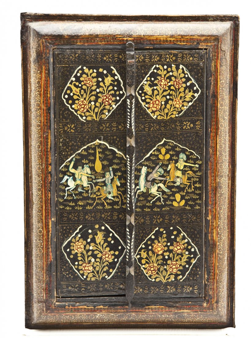Indian Painted & Inlaid Wall Mirror with Doors: DESCRIPTION: Indian painted and inlaid wall mirror with doors. Inlaid border with handpainted depiction of flowers and figures on the doors with a heavy varnish overtop. Doors open to reveal mirror an