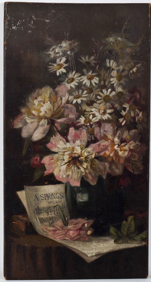 American School (19th Century): DESCRIPTION: American School (19th Century). Oil on wood. Still life depicting flowers in a vase atop sheets of music. MEASUREMENTS: 16" x 8-1/4". CONDITION: Several small areas of paint loss througho