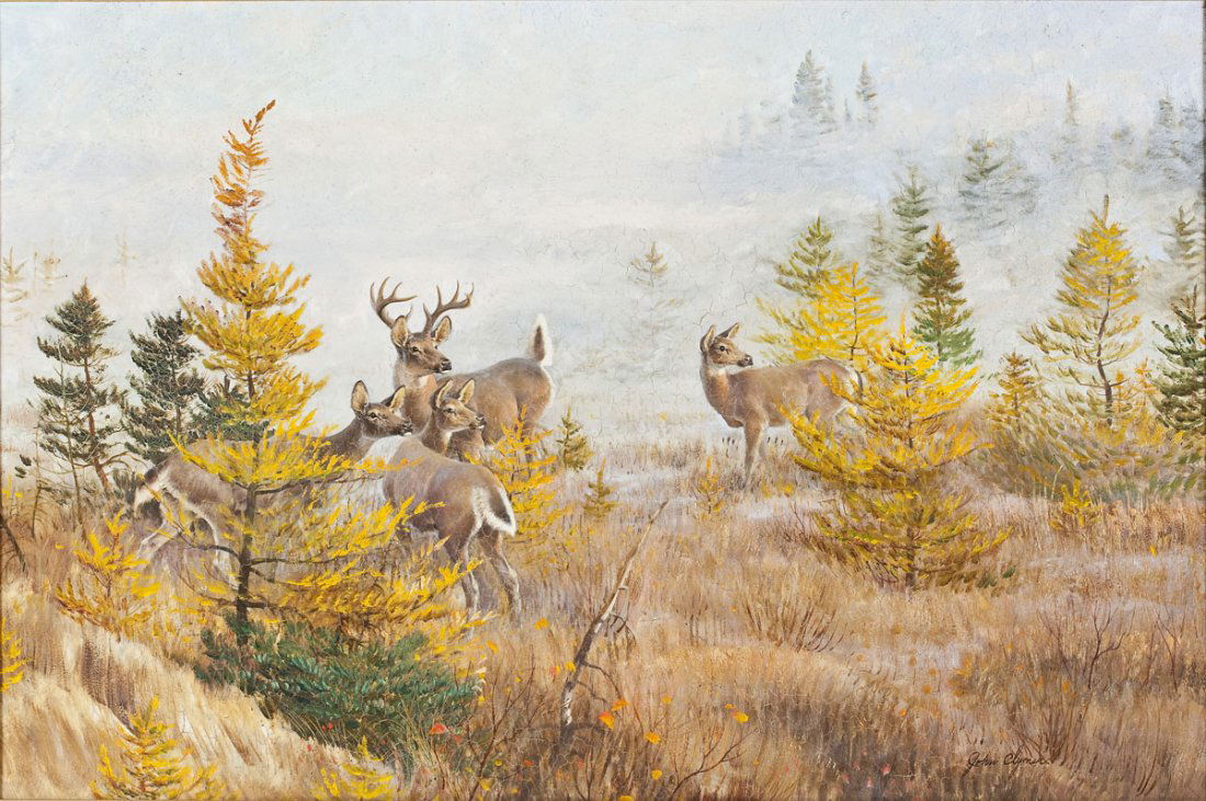 John Clymer (American, 1907-1989): DESCRIPTION: John Clymer (American, 1907-1989). Early Morning. Circa 1964. Oil on board. Signed, lower right. Titled, inscribed "John Clymer Route 1 Bridgewater Conn., White Tails and Tamarack," and w