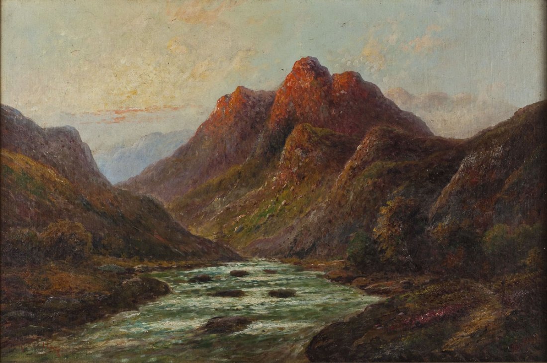 Hudson River School (19th C) Signed G. Findlay: DESCRIPTION: Hudson River School (19th Century). Oil on canvas. Signed "G. Findlay," lower left. Depicts mountains and a body of water. In a gold leaf frame with a light. MEASUREMENTS: 21" x 31-1/4". 