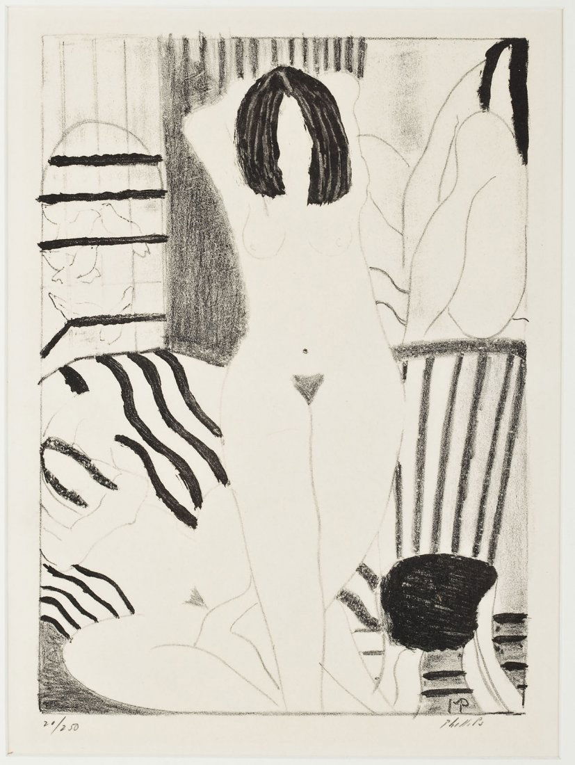 Matt Phillips (American, B. 1927): DESCRIPTION: Matt Phillips (American, B. 1927). "Nudes with Doves". 1975. Lithograph on off-white wove paper. Signed, lower right and numbered 20/250, lower left. In a white mat with a silver painted