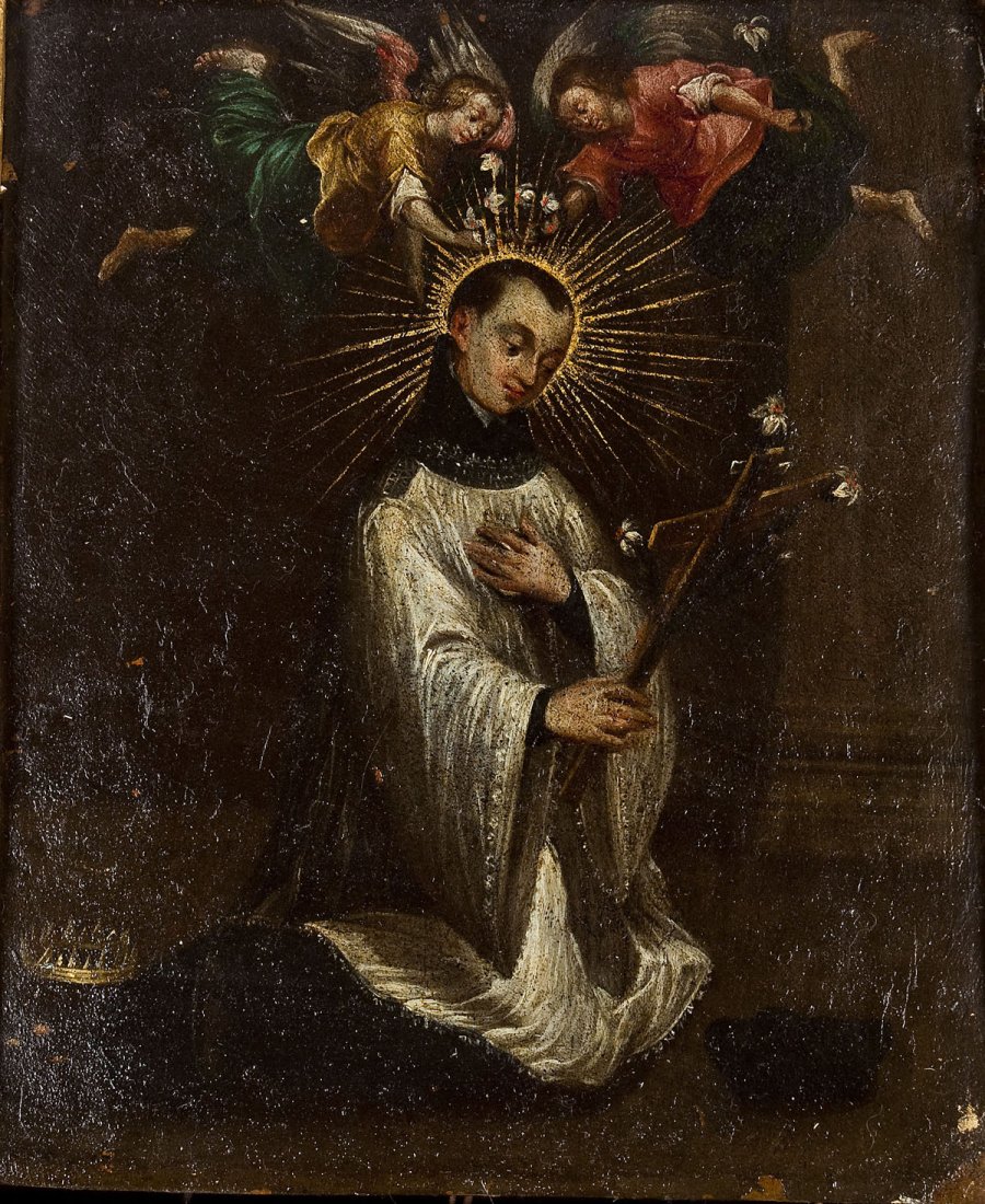 Continental School 18th C Religious Oil on Copper: DESCRIPTION: Continental School (18th Century). Religious oil on copper. Depicts a monastic saint with a cross and two angels above his head. In a gold leaf frame. MEASUREMENTS: 7-7/8" x 6-5/8". Overa