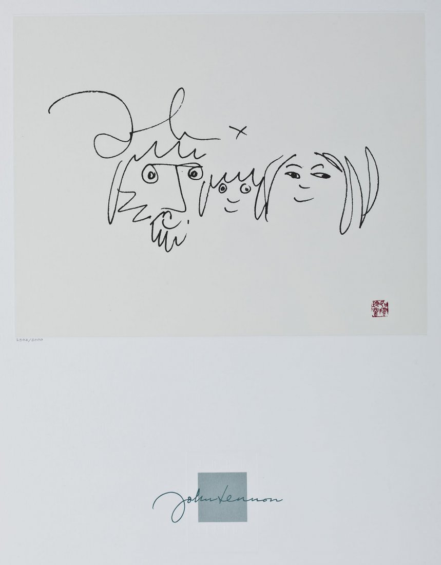 John Lennon (English, 1940-1980): DESCRIPTION: John Lennon (English, 1940-1980). Print on white wove paper with John Lennon embossed decoration at the bottom. With Lennon/Ono chop, lower right and numbered 2503/5000. Depicts portraits