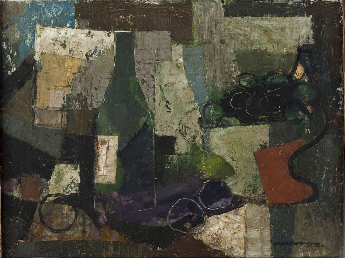 George Hammond Steel (British, 1900-1960): DESCRIPTION: George Hammond Steel (British, 1900-1960). Oil on board with sgraffito. Signed, lower right. Depicts a still life. In a wood frame. MEASUREMENTS: 12" x 15-3/4". Overall with frame 16" x 1