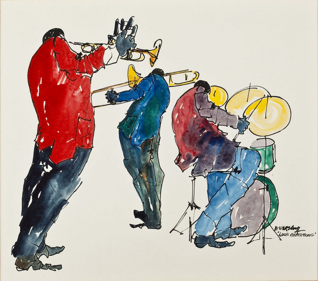 Leo Meiersdorff (German, 1934-1994): DESCRIPTION: Leo Meiersdorff (German, 1934-1994). Louis Armstrong. Watercolor on off-white wove paper. Signed and titled, lower right. In a black mat with a white painted wood frame and glazed. Born i