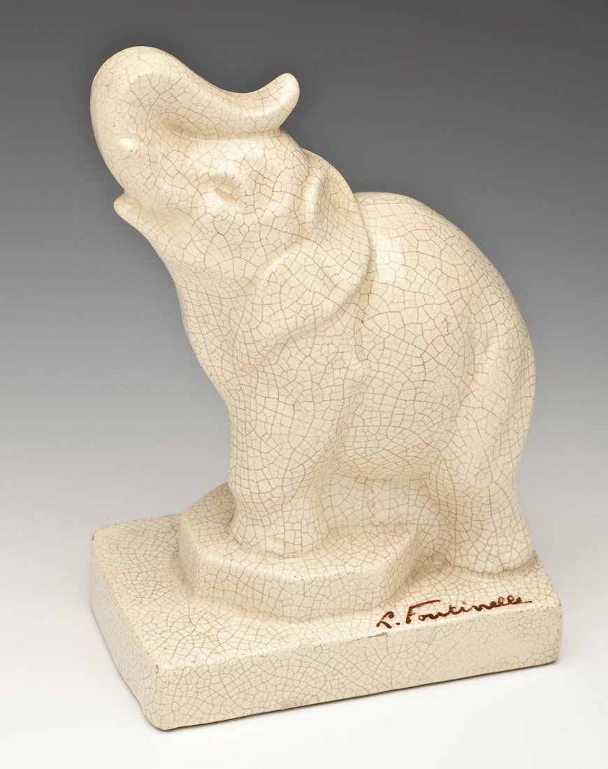 Louis Fontinelle (France, 1886-1964): DESCRIPTION: Louis Fontinelle (France, 1886-1964). Elephant. Ceramic with crackle glaze. Signed, on the base and inscribed "Made in France, 129," on the bottom. Depicts an elephant. MEASUREMENTS: 7" x