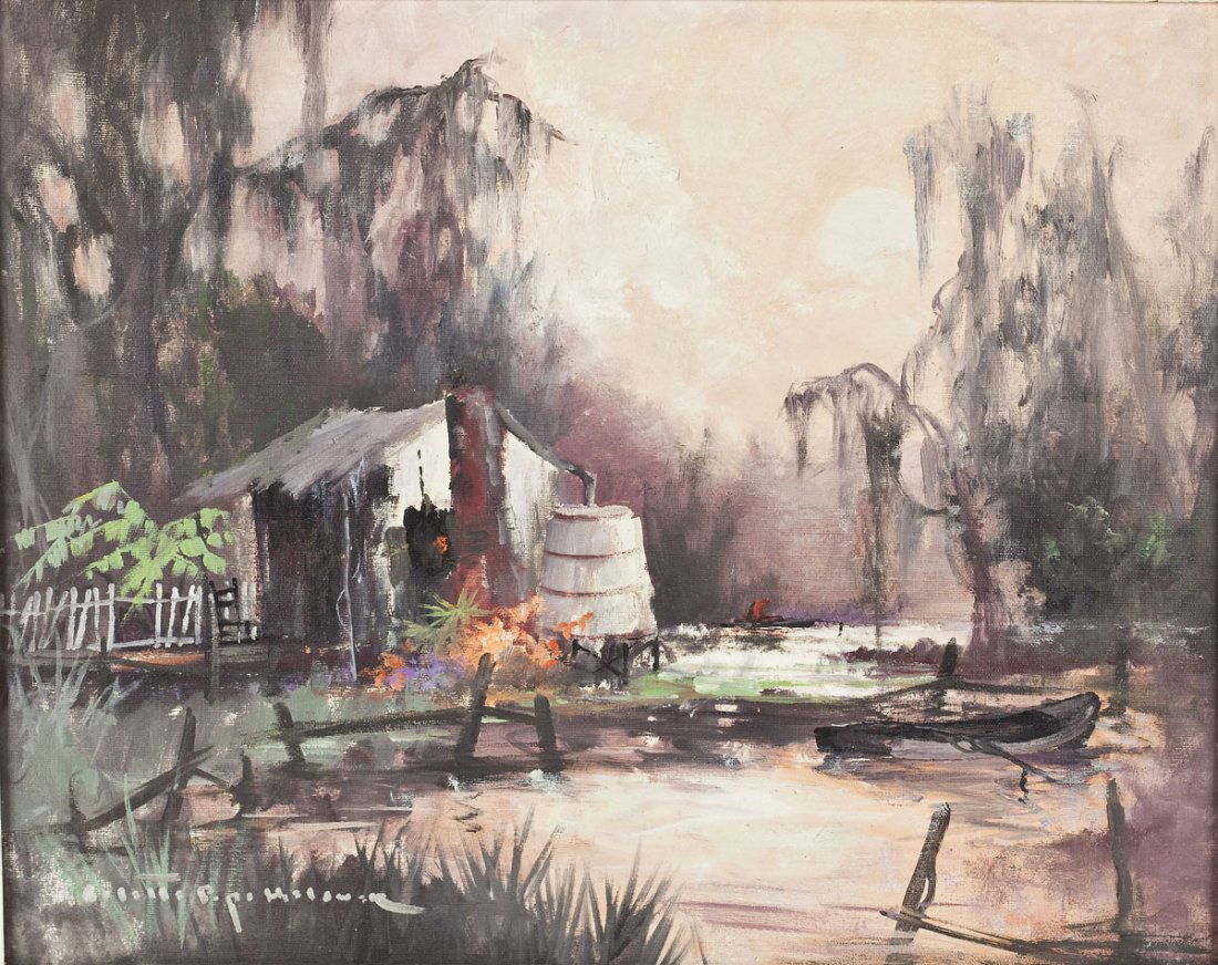 Colette Pope Heldner (American, 1902-1990): DESCRIPTION: Colette Pope Heldner (American, 1902-1990). Swamp Idyl (Louisiana Bayou Country). Oil on canvas. Signed, lower left. Titled, inscribed "By Colette Pope Heldner," and stamped for the Littl
