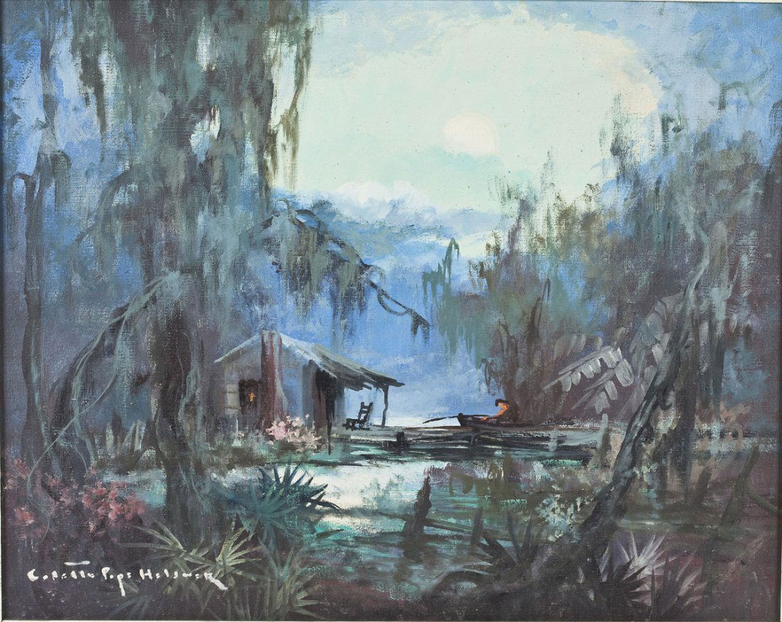 Colette Pope Heldner (American, 1902-1990): DESCRIPTION: Colette Pope Heldner (American, 1902-1990). Swamp Idyl (Louisiana Bayou Country). Oil on canvas. Signed, lower left. Titled, inscribed "By Colette Pope Heldner," and stamped for the Littl