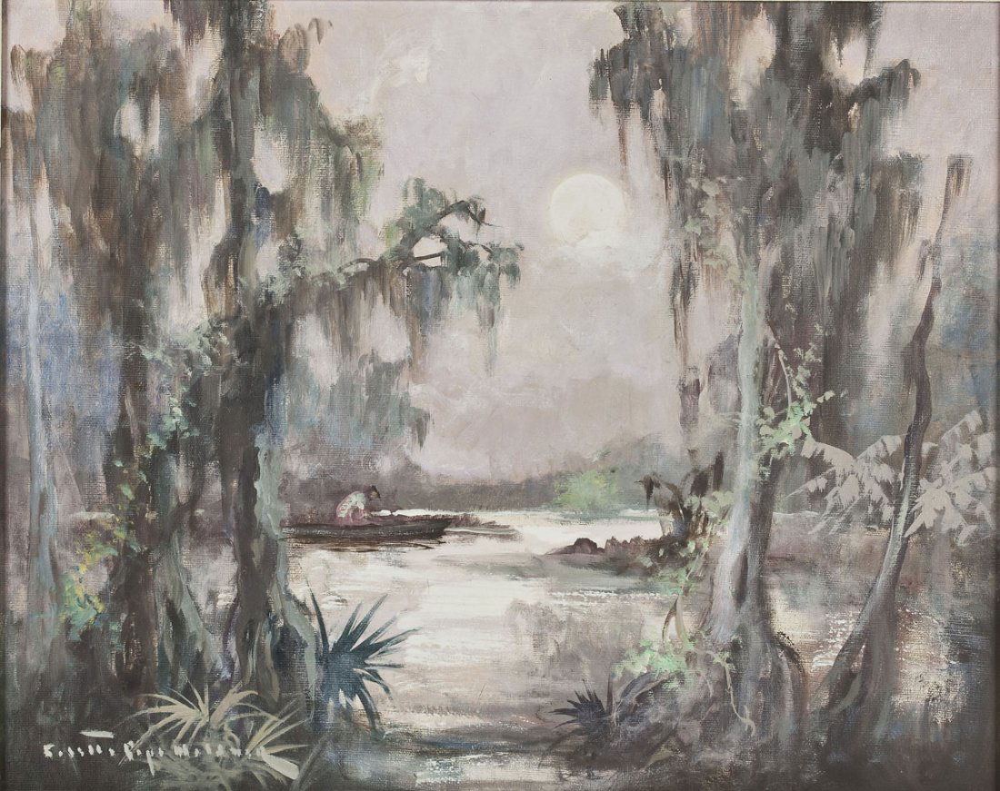 Colette Pope Heldner (American, 1902-1990): DESCRIPTION: Colette Pope Heldner (American, 1902-1990). Swamp Idyl (Louisiana Bayou Country). Oil on canvas. Signed, lower left. Titled, inscribed "By Colette Pope Heldner," and stamped for the Littl