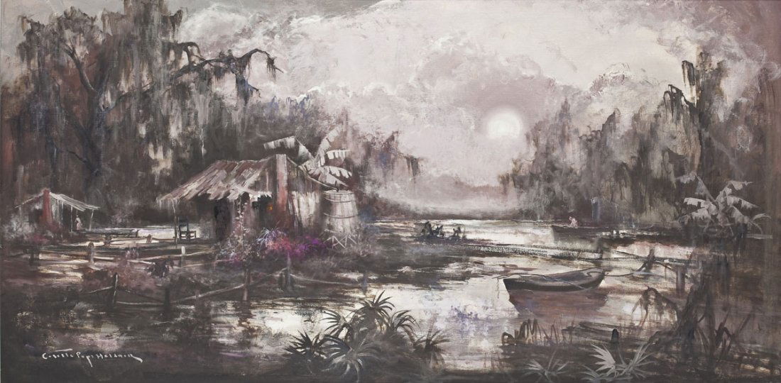Colette Pope Heldner (American, 1902-1990): DESCRIPTION: Colette Pope Heldner (American, 1902-1990). Swamp Idyl (Louisiana Bayou Country). Oil on canvas. Signed, lower left. Titled, inscribed "By Colette Pope Heldner," and stamped for the Littl