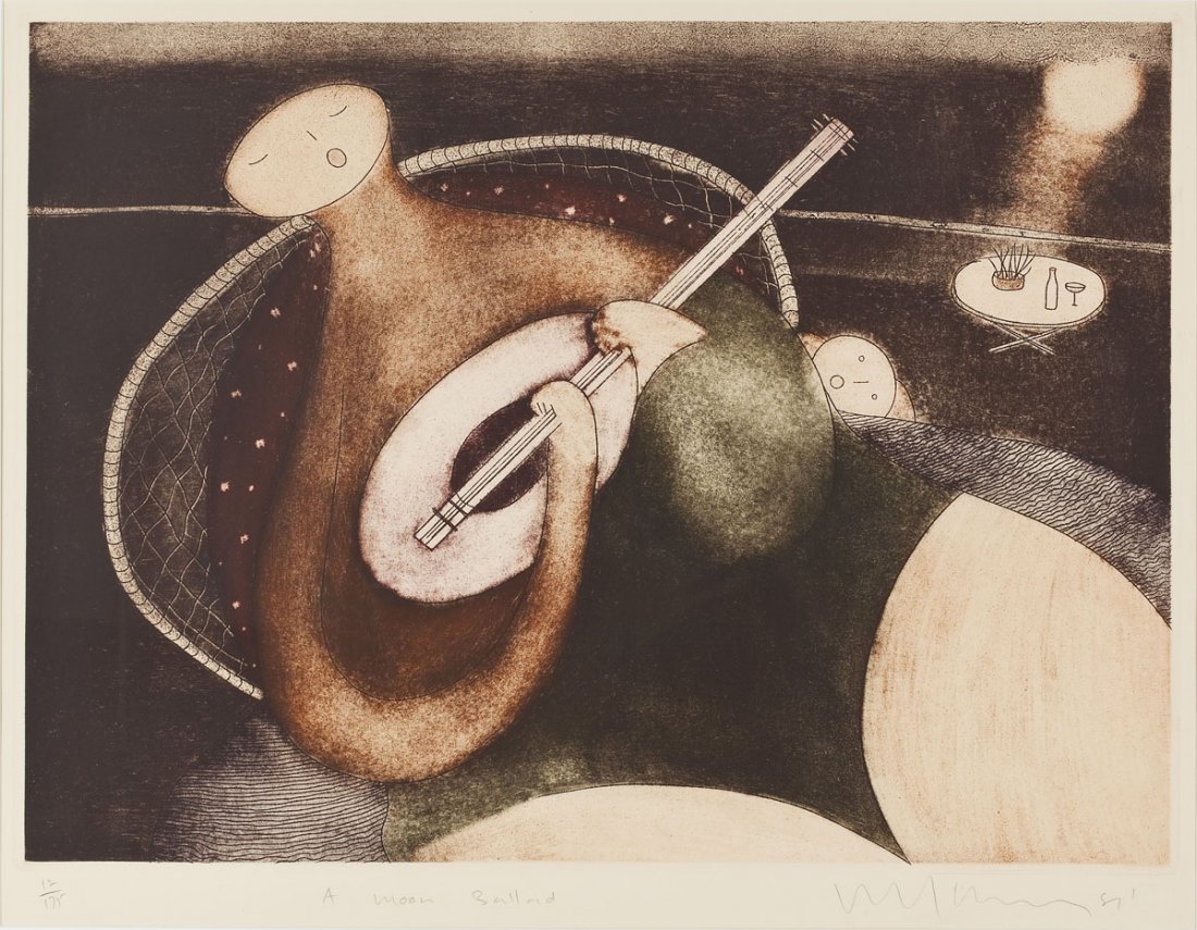 Eng Tay (Malaysian, B. 1947): DESCRIPTION: Eng Tay (Malaysian, B. 1947). A Moon Ballad. 1987. Colored etching on off-white wove paper. Signed, dated, and with artist's blind stamp, lower right. Titled, lower center and numbered 12