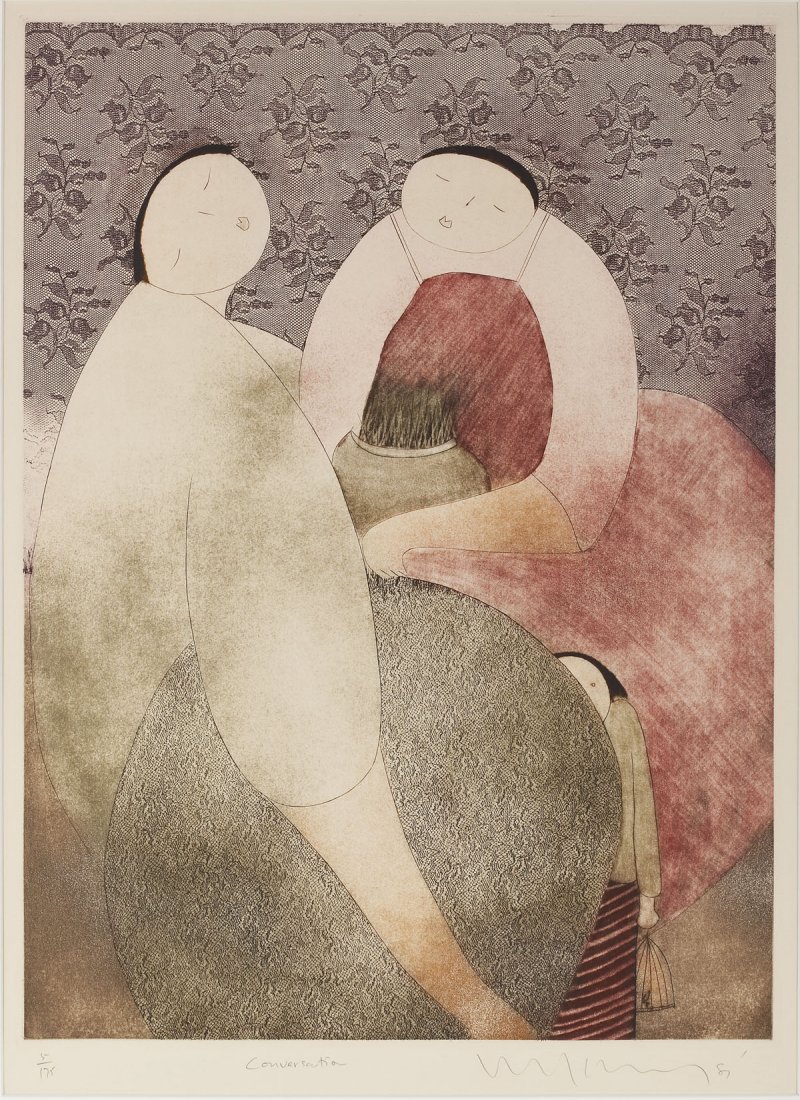 Eng Tay (Malaysian, B. 1947): DESCRIPTION: Eng Tay (Malaysian, B. 1947). Conversation. 1987. Colored etching on off-white wove paper. Signed, dated, and with artist's blind stamp, lower right. Titled, lower center and numbered 5/1