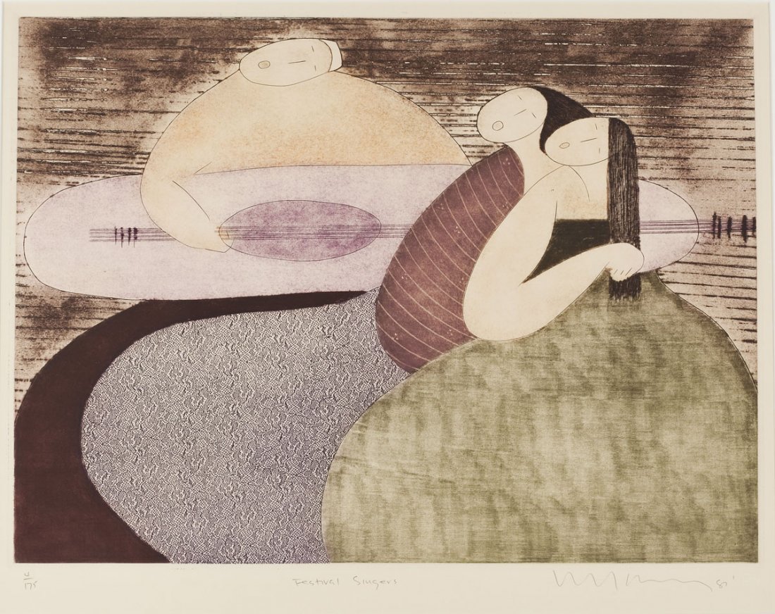 Eng Tay (Malaysian, B. 1947): DESCRIPTION: Eng Tay (Malaysian, B. 1947). Festival Singers. 1987. Colored etching on off-white wove paper. Signed, dated, and with artist's blind stamp, lower right. Titled, lower center and numbered