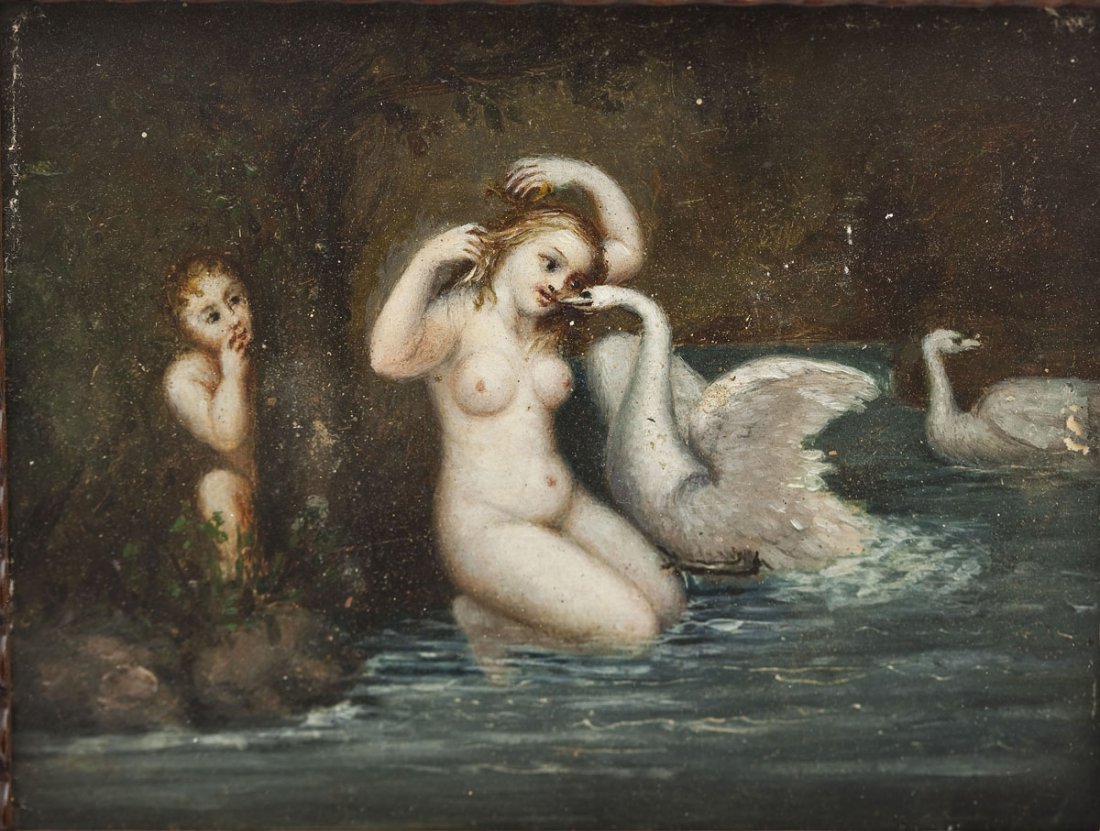 Continental School (19th C) Leda & the Swan: DESCRIPTION: Continental School (19th Century) Oil on wood. Depicts Leda and the swan. In a carved wood frame with silver details and glazed. MEASUREMENTS: 3-1/4" x 4-1/4". Overall with frame 7-1/4" x