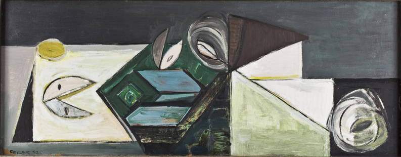Paul Feiler (German/English, B. 1918): DESCRIPTION: Paul Feiler (German/American, B. 1918). Cornish Landscape. 1952. Oil on canvas. Signed and dated, lower left. Titled and inscribed with artist's address, verso. In a white gold and black
