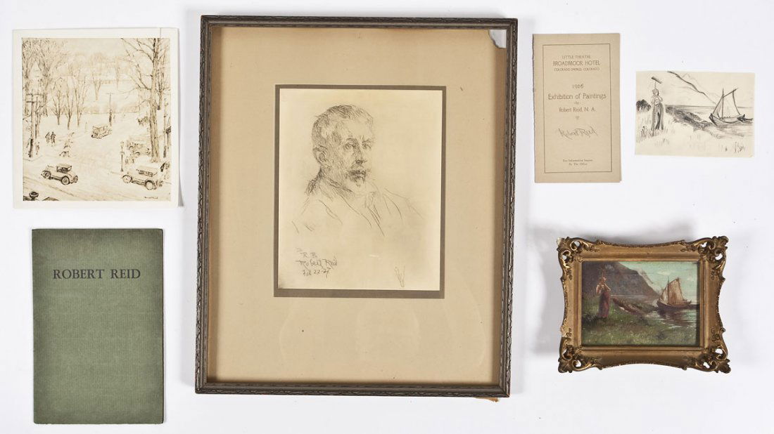 Collection of Robert Reid (American, 1862-1929): DESCRIPTION: Collection of Robert Lewis Reid (American, 1862-1929). Includes: 1) Oil on canvas. Depicts a woman beside a body of water with a boat. 4-1/4" x 5-3/4". In an ornate gold leaf frame. 2) Pe