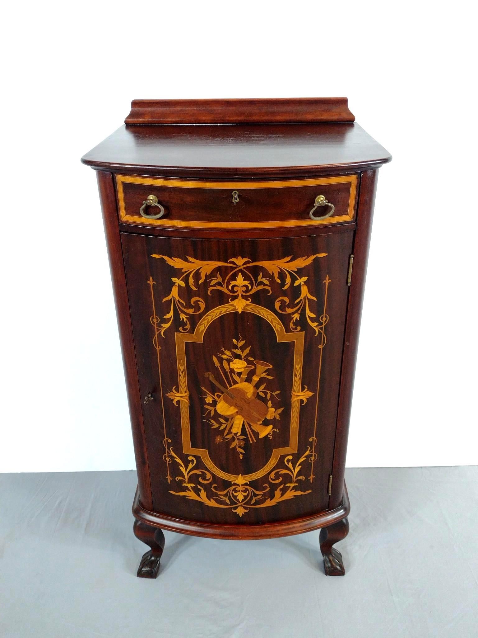 Inlaid Music Cabinet: NOT ELIGIBLE FOR IN-HOUSE SHIPPING. 20-1/4" wide X 16-3/4" deep X 42" high. Has some light scratches.
