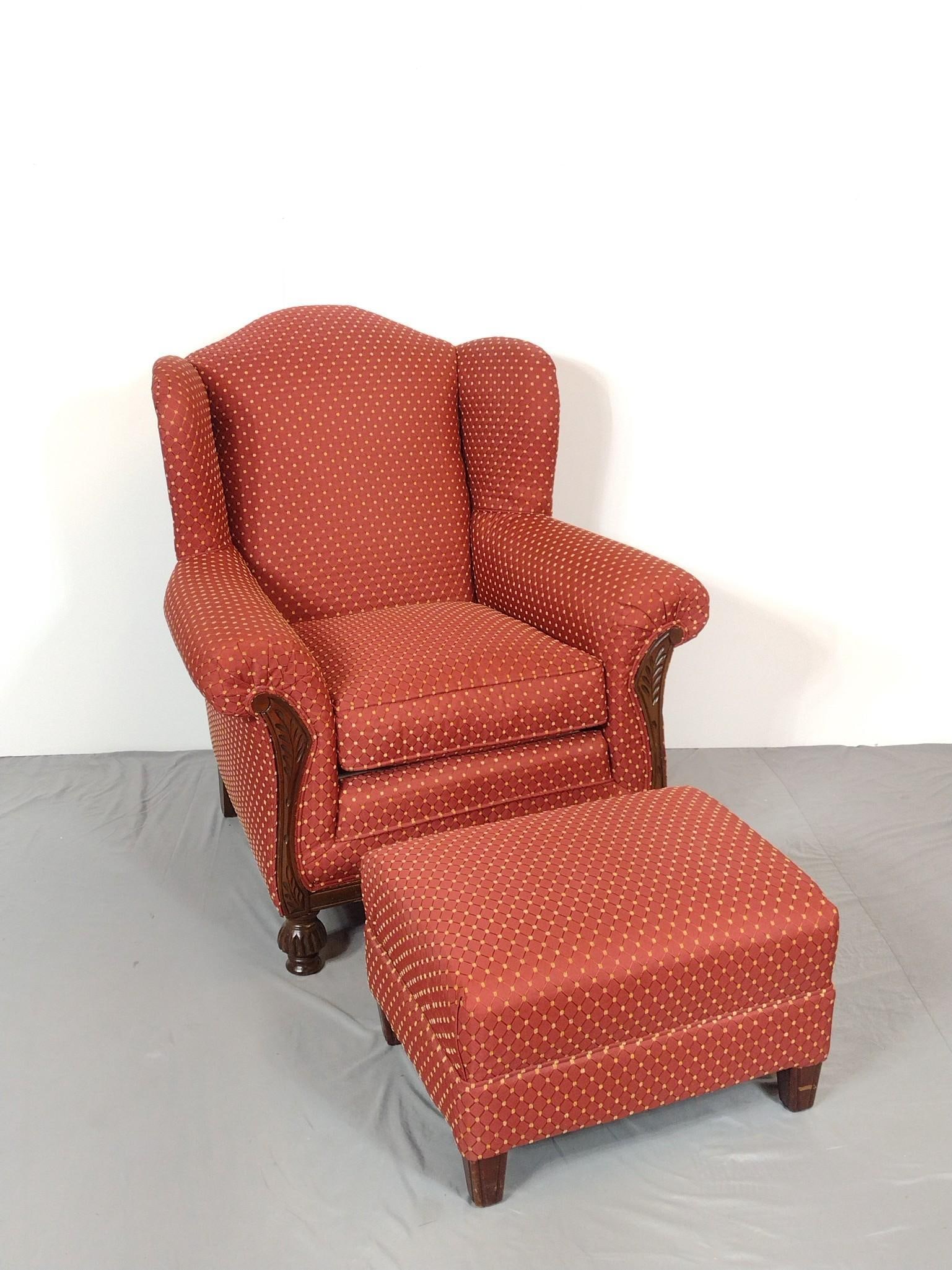 Upholstered Arm Chair & Ottoman: NOT ELIGIBLE FOR IN-HOUSE SHIPPING. Chair 36" wide X 29" deep X 41" high. Ottoman 24" wide X 18" deep X 15" high. No manufactures name found.