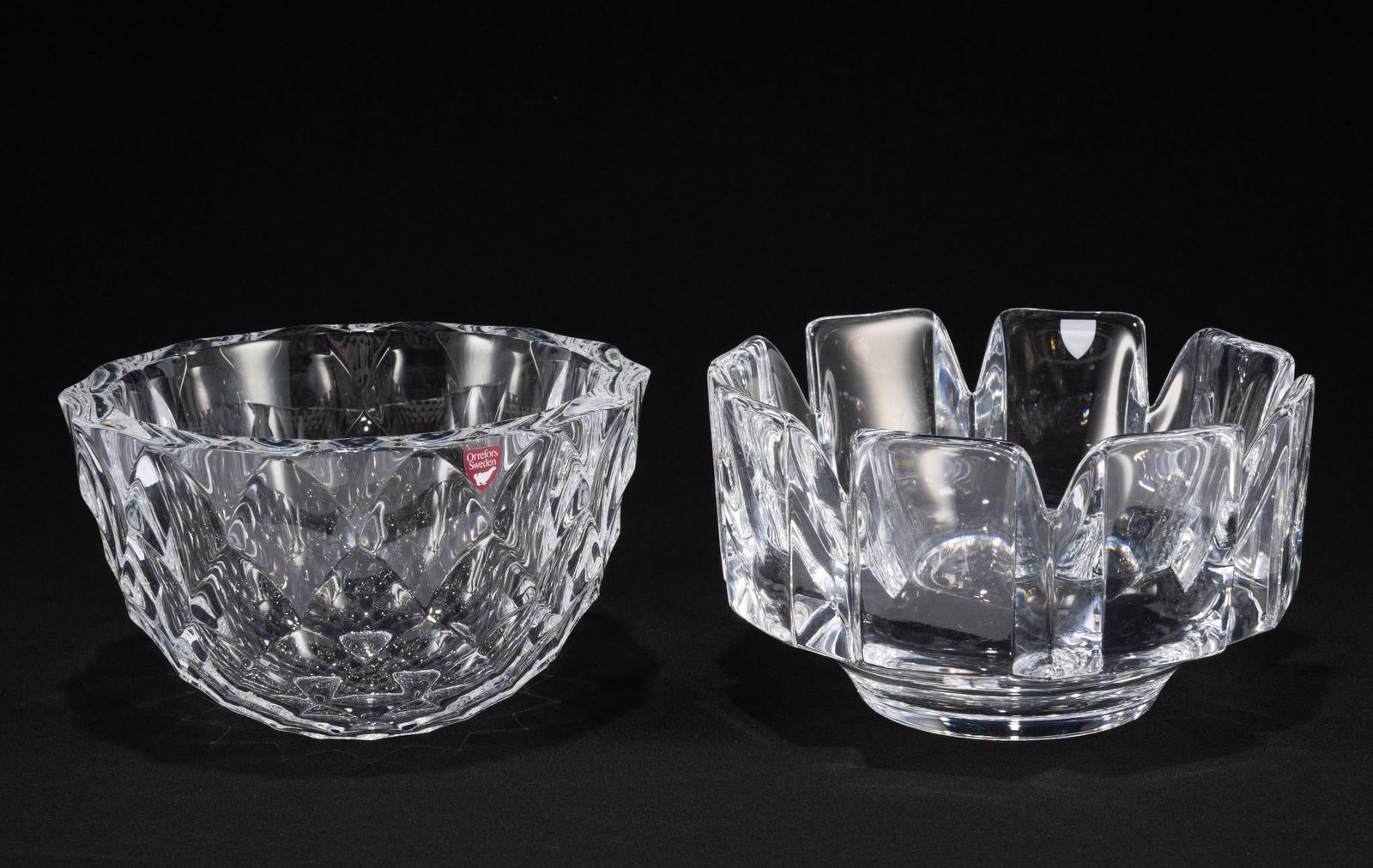 2 Orrefors Sweden Glass Bowls: Both signed and one with label. Both 4-1/4" high x 7-1/4" wide.