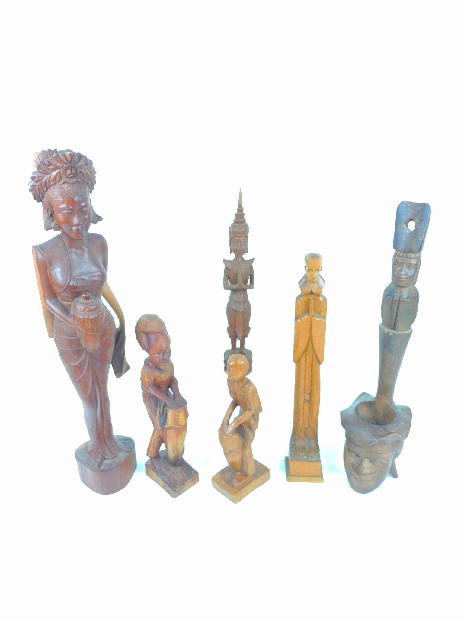 6 Wood Carved Figures: Tallest with Made in Indonesia label. 9" to 21" high.