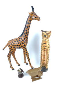 4 Wood Carved Animal Figures: Includes pelican trinket box in the manner of Kay Bojesen Denmark, Japan fish with movable fins, painted cat with losses, and painted giraffe with leather ears. Scratches to all. 4" to 30" high.