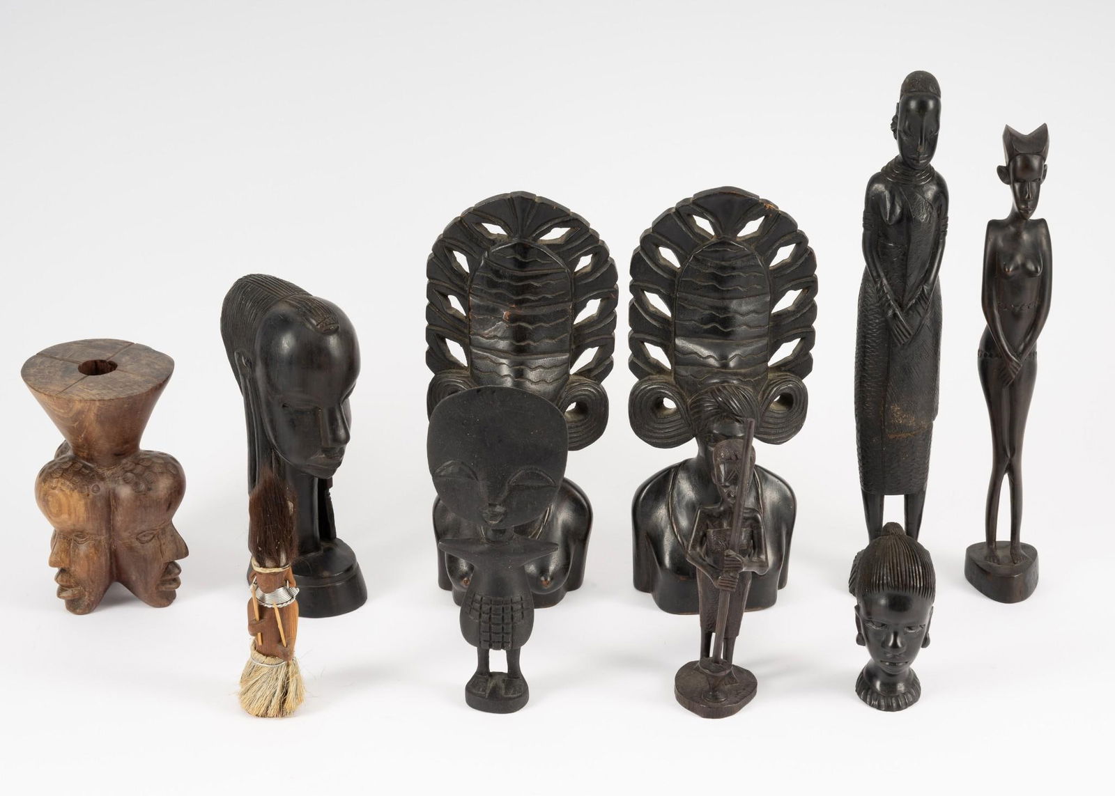 10 Wood Carvings incl Bookends: 4" to 13-1/2" high.