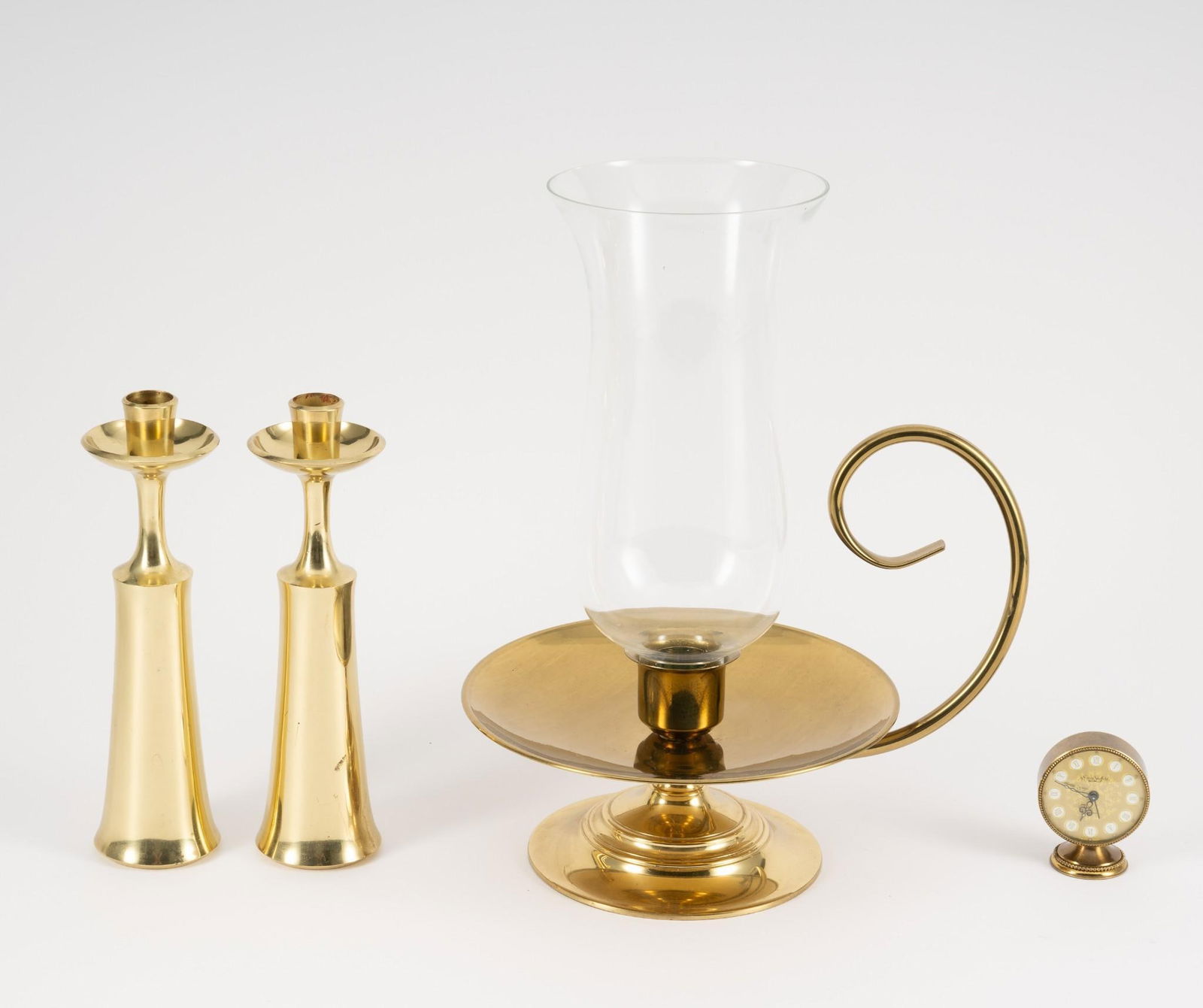 3 Brass Candle Holders and Swiza Sheffield Desk Clock (1 of 5)