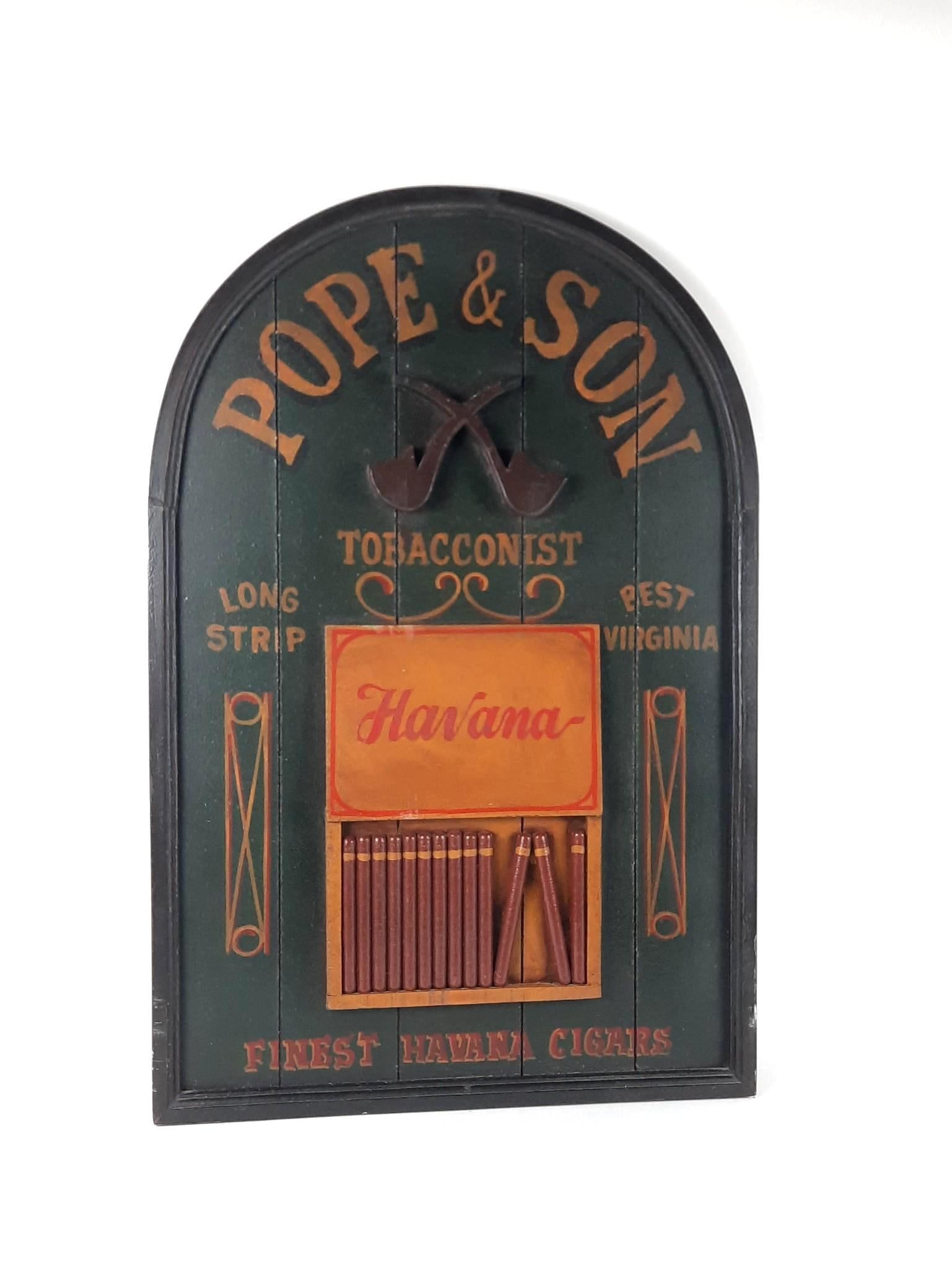 Pope & Son Cigar Wood Advertising Sign: NOT ELIGIBLE FOR IN-HOUSE SHIPPING. 23-1/2" wide x 1-1/4" deep x 35" high. Minor wear consistent with age and use.
