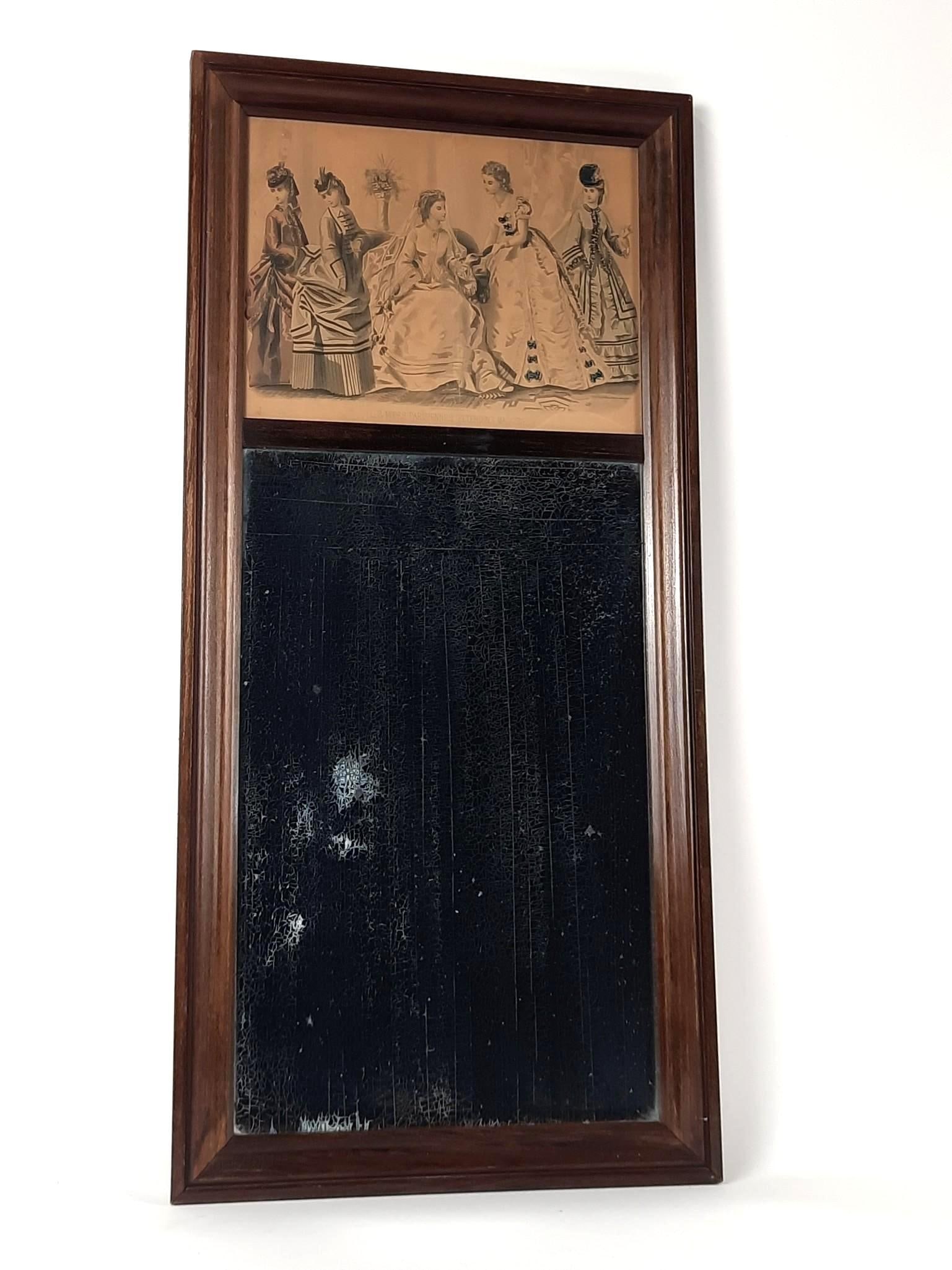 Vintage Hall Mirror with Fashion Print: NOT ELIGIBLE FOR IN-HOUSE SHIPPING. Print: 8" high x 10-1/2" wide. Overall with frame: 29-3/4" high x 14" wide. Crackling and silvering to glass.