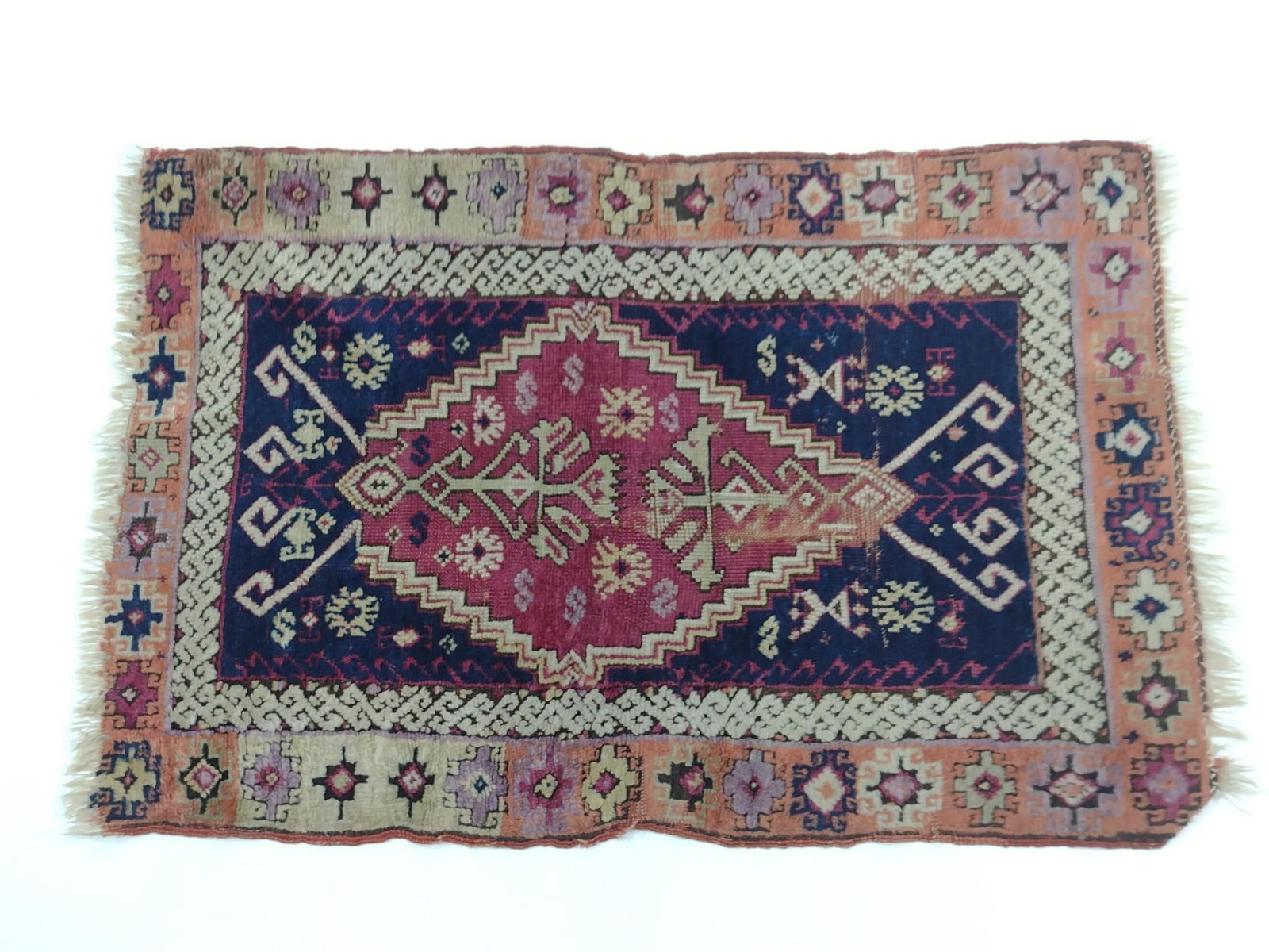 Turkish Prayer Rug: NOT ELIGIBLE FOR IN-HOUSE SHIPPING. 2' wide X 3' long. Some losses, wear, discoloration and stretching.