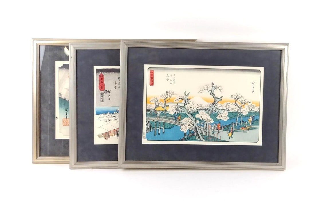 3 Woodblock Prints: NOT ELIGIBLE FOR IN-HOUSE SHIPPING. Each sight: 9-1/2" high x 14-1/2" wide. Overall with frame 15-1/4" high x 20-1/4" wide.