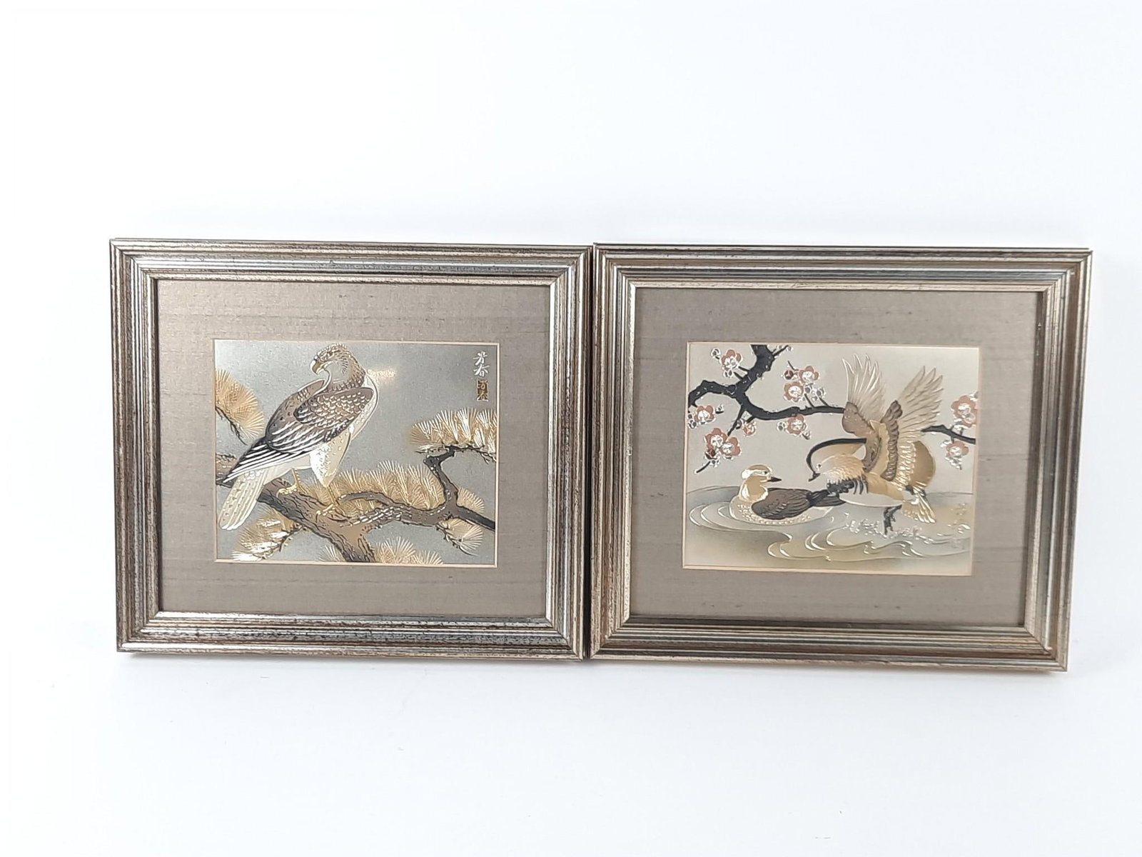 2 Chokin "Precious Art Inc." Duck Scenes: NOT ELIGIBLE FOR IN-HOUSE SHIPPING. Sight: 10" high x 7-1/4" wide. Overall with frame 10-1=2" high x 12" wide.
