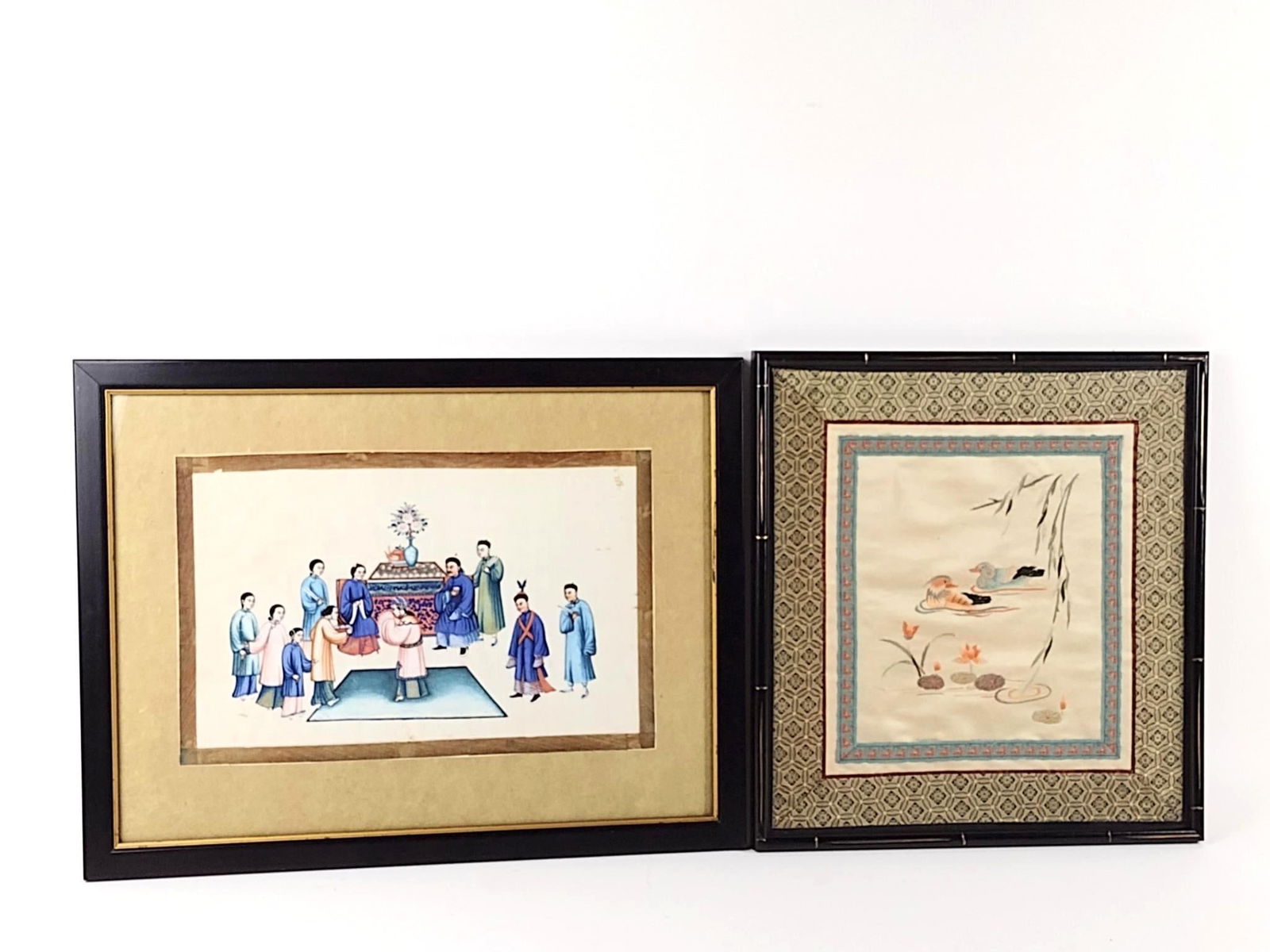 Asian Painting on Linen and Asain Embroidery: NOT ELIGIBLE FOR IN-HOUSE SHIPPING. Overall with frames: 15" high x 14" wide to 19-1/4" wide.
