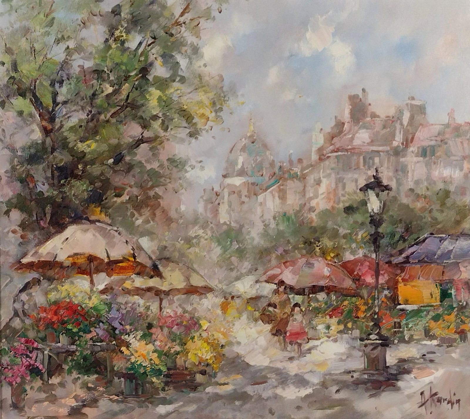 Alexander Kardin "Flower Market" Painting: NOT ELIGIBLE FOR IN-HOUSE SHIPPING. Alexander Kardin, born Alexander Maria Indrak, was a German painter and film artist known for his landscapes. During his career he worked as a freelance artist as w